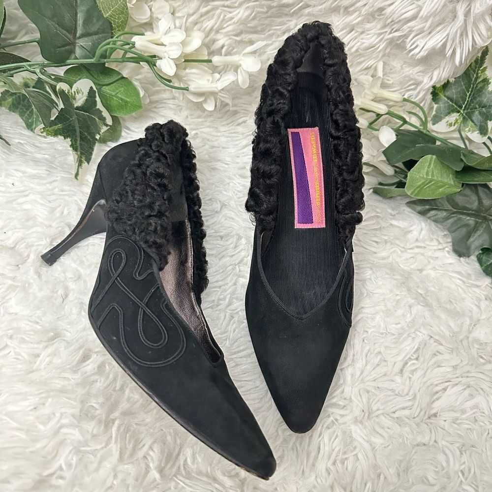Susan Bennis/Warren Edwards Vintage Black Suede Statement Fur Patch Heels sz 8.5